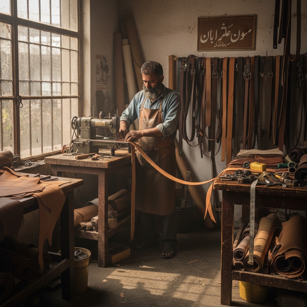 A bearded leatherworker uses a sewing machine to stitch a long leather strap in his sunlit workshop filled with tools and hanging belts.