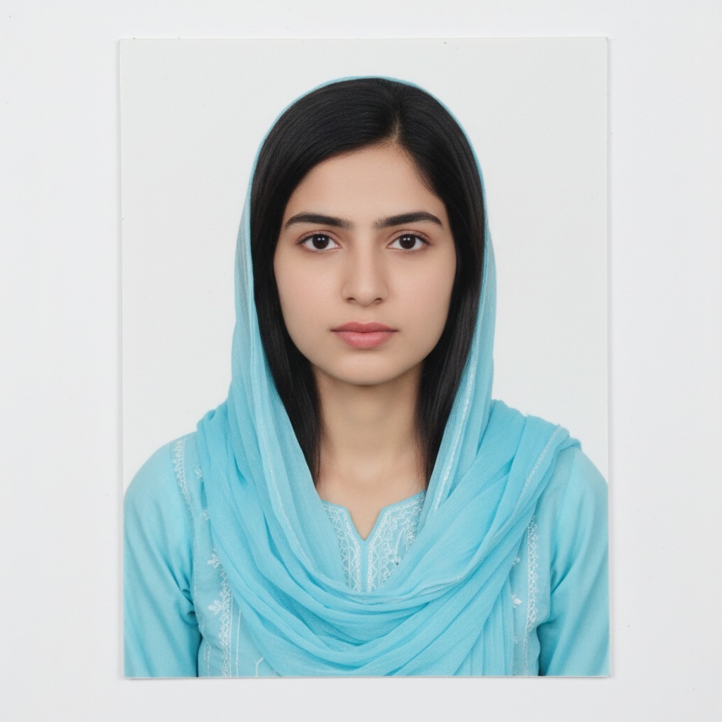 A young woman with dark hair wears a light blue headscarf and matching embroidered tunic against a plain white background.