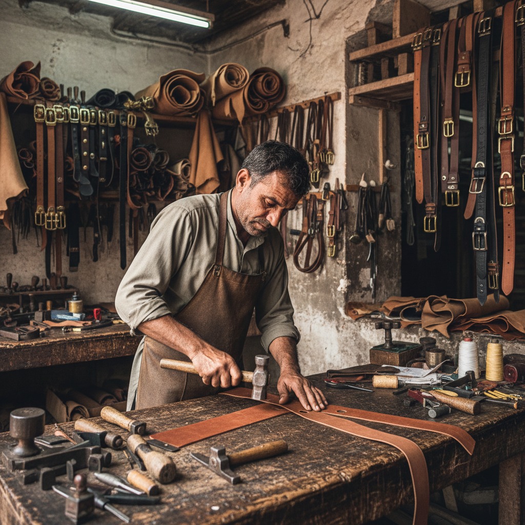 A leatherworker uses a hammer to craft a belt at a cluttered wooden workbench in his workshop.